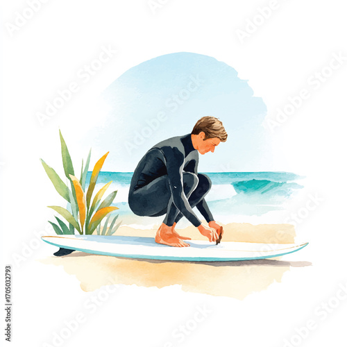 Surfer preparing surfboard on beach before surfing.