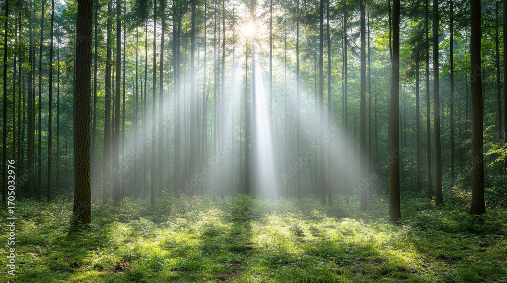 Naklejka premium Sun rays piercing through trees in serene forest, creating tranquil atmosphere