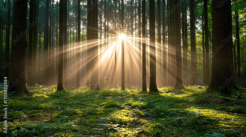 Fototapeta premium Sun rays piercing through trees in serene forest, creating tranquil atmosphere