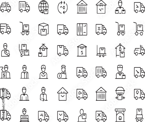 Logistics and Delivery Line Icon Set - Shipping, Transportation, Warehouse, and Courier Service Symbols

