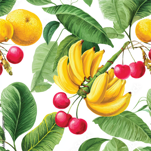 Tropical Fruit Pattern with Bananas Cherries and Lush Leaves.