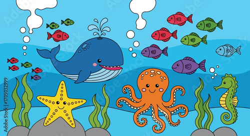 Cartoon Sea Life: Whale, Octopus, Starfish, Seahorse, and Colorful Fish