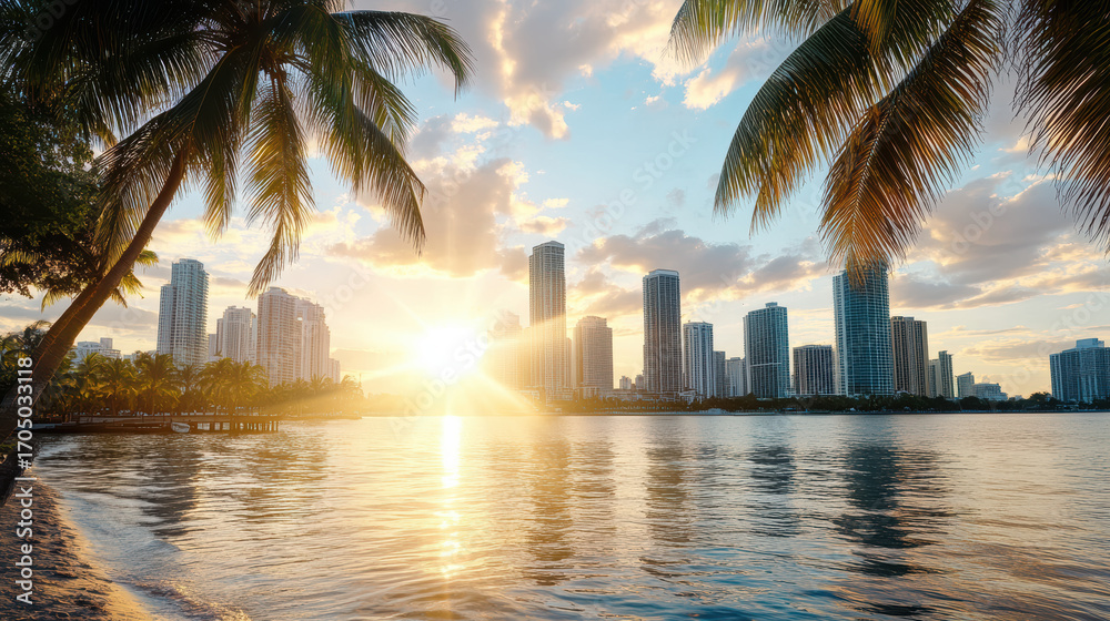 Obraz premium Sunset over city skyline with palm trees reflecting on water, creating serene atmosphere