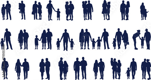 Silhouettes of diverse family groups walking, holding hands, and spending quality time together, showcasing love, connection, and togetherness in different family structures, 
