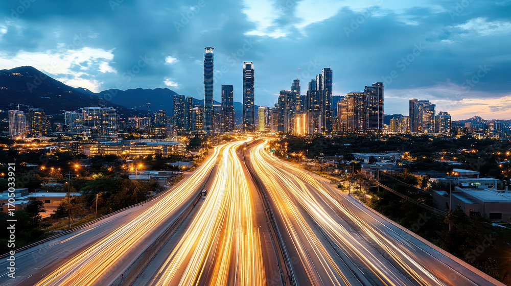 Fototapeta premium City skyline, night lights, traffic trails, urban landscape, modern architecture, vibrant colors