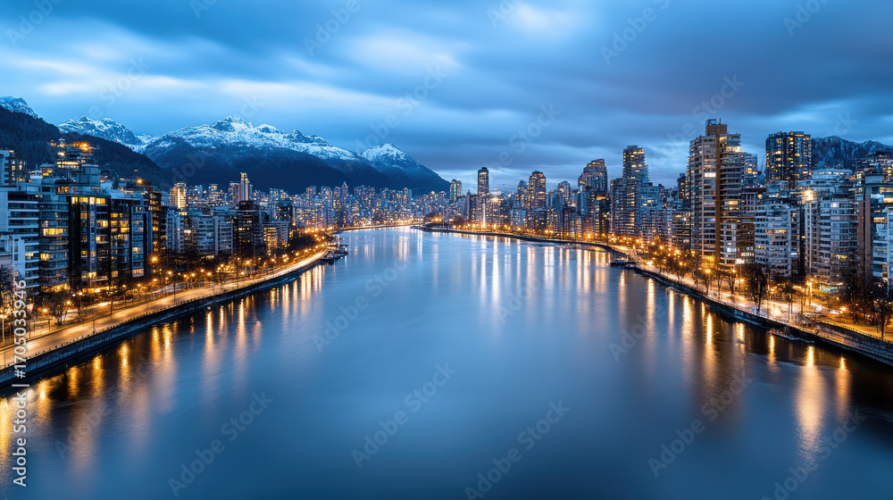 Fototapeta premium Vibrant city skyline reflecting calm river dusk, surrounded by mountains and illuminated