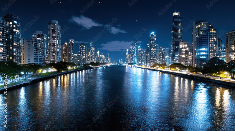 Naklejka premium City skyline night reflecting calm river, showcasing vibrant lights and modern architecture