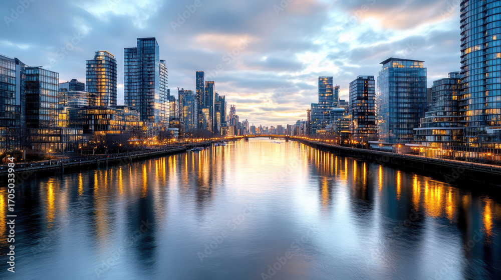 Fototapeta premium City skyline, river, sunset, reflections, modern architecture, urban landscape, tranquil scene