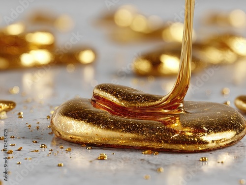 Golden liquid drips and pools on a surface