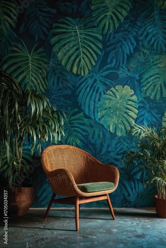 Tropical room with woven chair