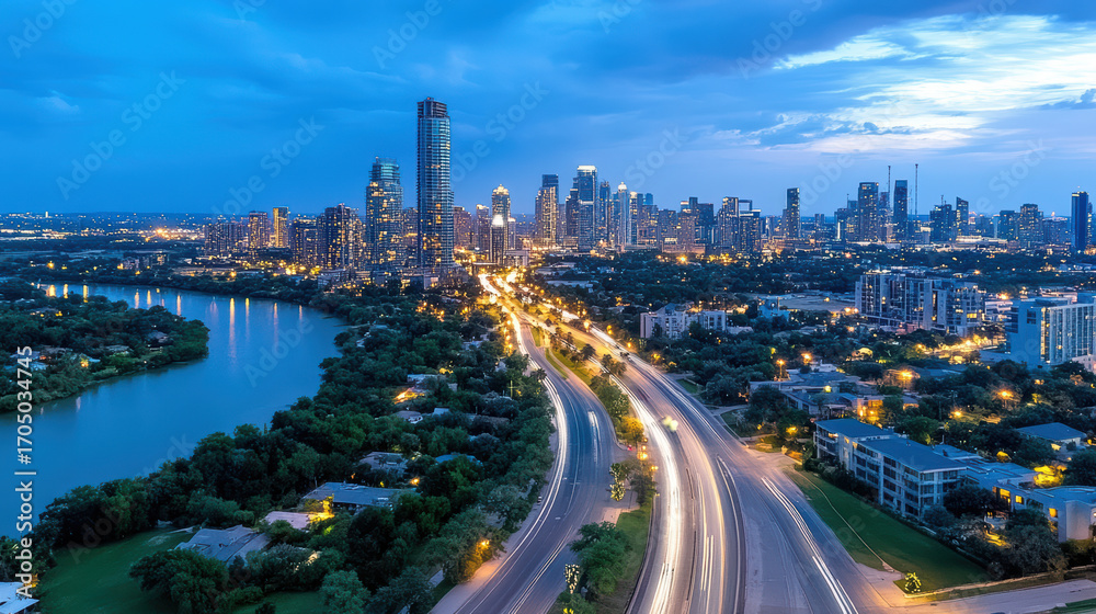 Fototapeta premium Aerial view of vibrant city skyline at dusk, showcasing illuminated buildings and winding roads