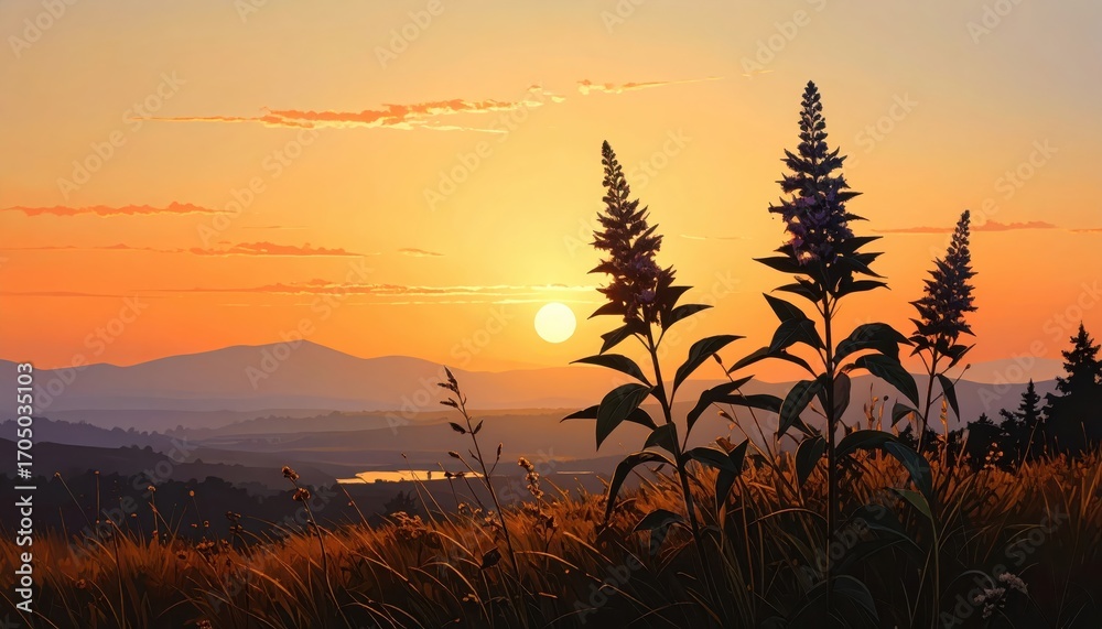 Obraz premium A vibrant sunset paints the mountain landscape, with tall plants silhouetted against the warm colors of the sky.