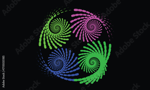 Abstract Swirling Spirals in Green, Pink, and Blue on Black Background