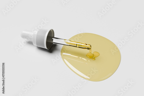 dropper filled with a golden liquid rests beside two drops of oil on a clean white surface, highlighting the elegance of skin care formulations in a minimalistic style. 3d render