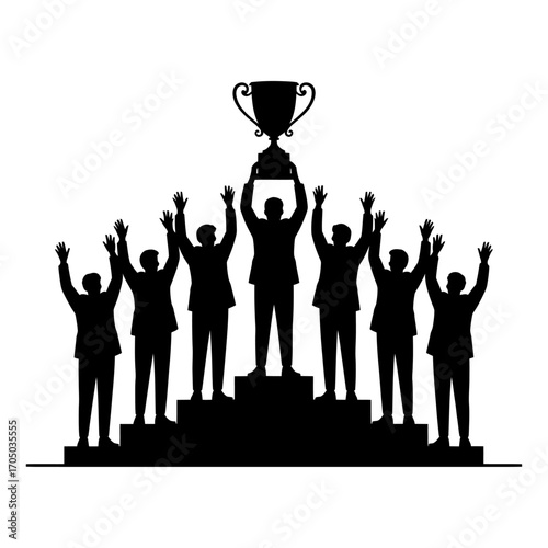 business team celebrating success with trophy achievement