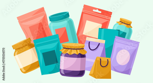Colorful Collection of Food Packaging: Jars, Pouches, and Bags