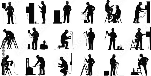 Silhouettes of electricians and technicians using tools, ladders, cables, and equipment, performing electrical work, maintenance tasks, repair, safety gear