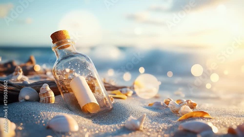 Message in a bottle on sandy beach at sunrise delicate glass container serene coastal scene