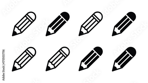 Vector art of eight pencils in a row, representing writing, drawing, education, or office supplies for creative projects