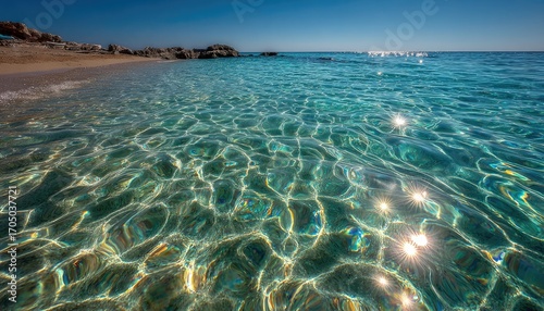 Clear turquoise water reflecting sunlit waves on a sandy beach
