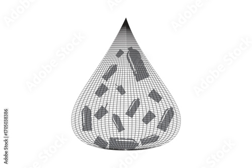 Water Pollution Concept Vector. Vector illustration of a teardrop shape with grid lines containing plastic waste silhouettes. Conceptual design about water pollution and environmental issues.