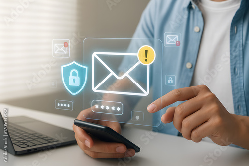 Concept of secure email login, data protection, cybersecurity, phishing alert, and online privacy safety. Person using smartphone with email icon, alert symbol, and password protection graphics.