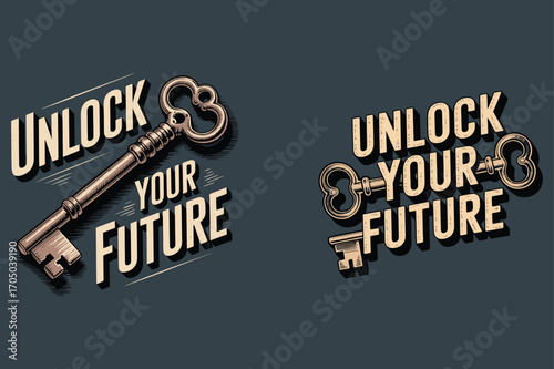 Antique key unlocking future text vintage