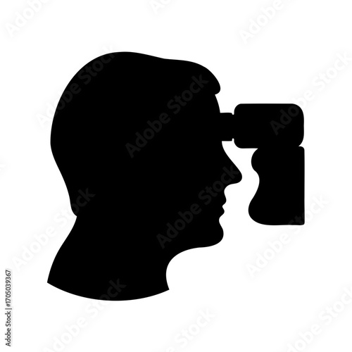 Silhouette of a man looking through binoculars searching the horizon, view