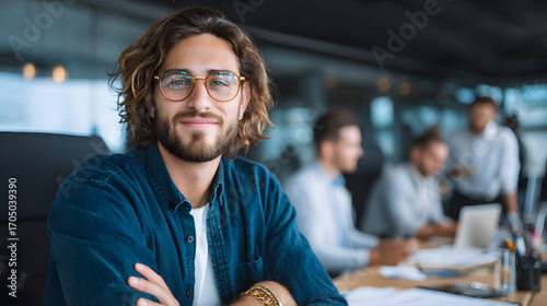 Confident Young Businessman Smiling in Modern Office Environment with Colleagues in Background