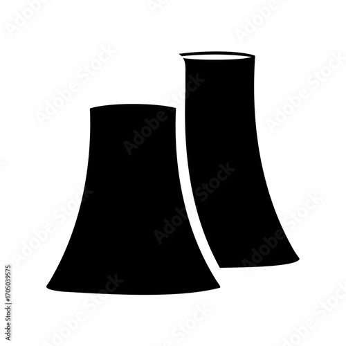 Bold silhouette of two industrial cooling towers against a stark white background