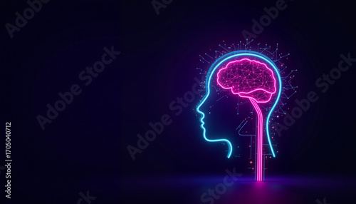 Neon brain illustration glowing in dark background, copy space     