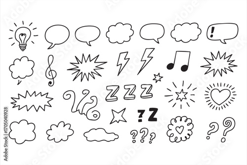 Creative Comic Elements and Doodle Icons Pack Featuring Speech Bubbles