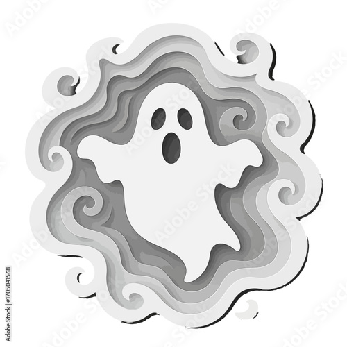 Paper cut ghost in swirling fog: halloween 3d layered design