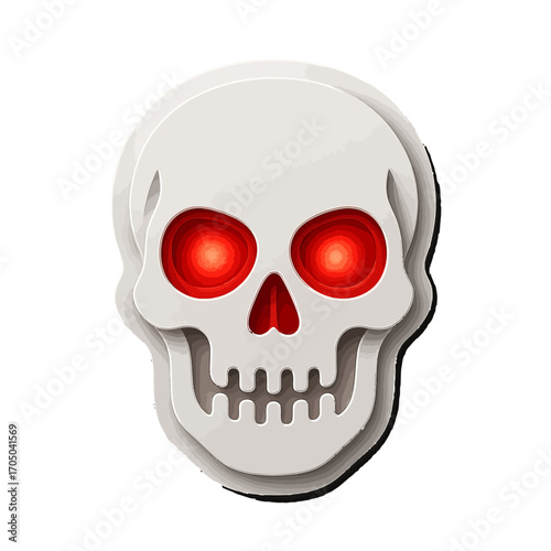Layered skull design with glowing red eyes on gradient background
