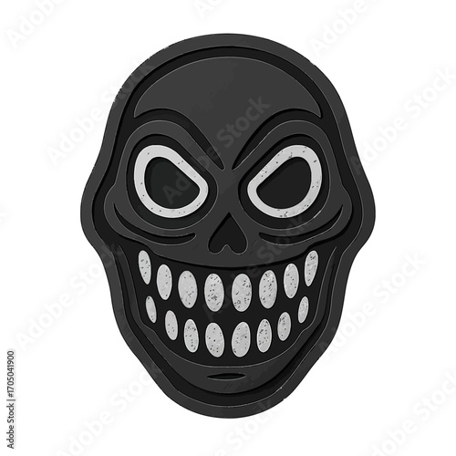 Dark grinning skull with eerie eyes on metallic background