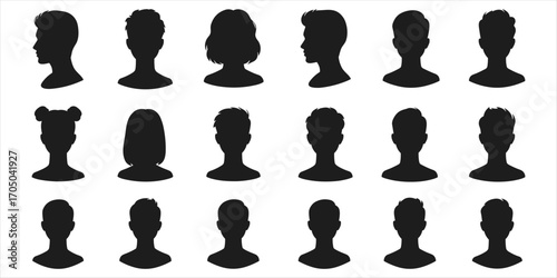 Collection of Diverse Black Silhouettes of Human Heads and Hairstyles profile front view