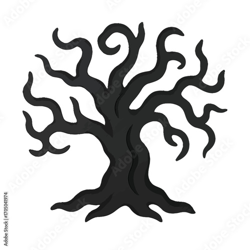 Dark silhouette of a mystical tree with curled branches on a gradient background