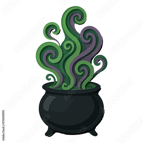 Mystical cauldron with swirling green and purple smoke on brown background