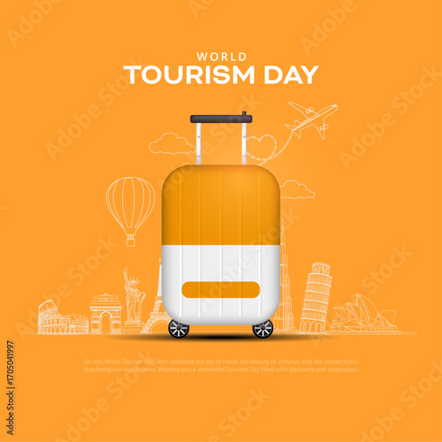 world tourism day concept design with yellow color baggage with monuments in line art.