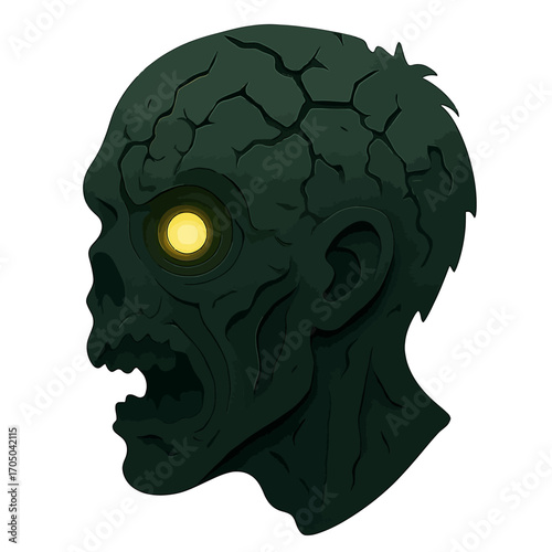Dark grunge zombie head with glowing eye on textured background