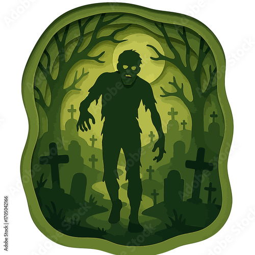 Eerie papercut zombie stalking through a graveyard at night