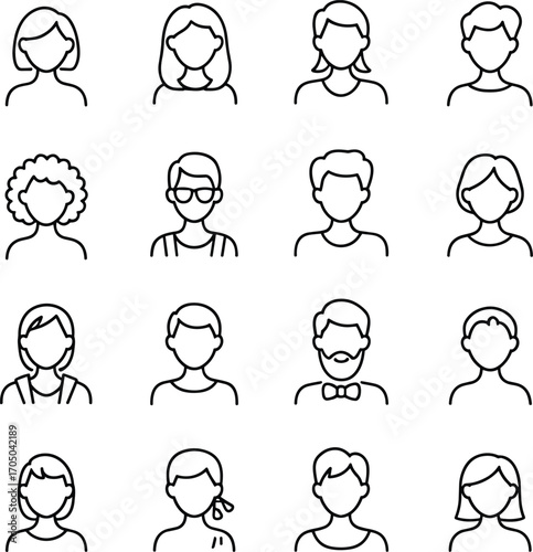 Collection of sixteen diverse person avatar icons with simple line art on white background Keywords: avatar, icon, people