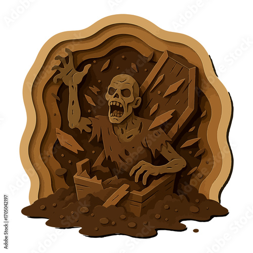 Intricate paper art zombie emerging from coffin in sepia tones