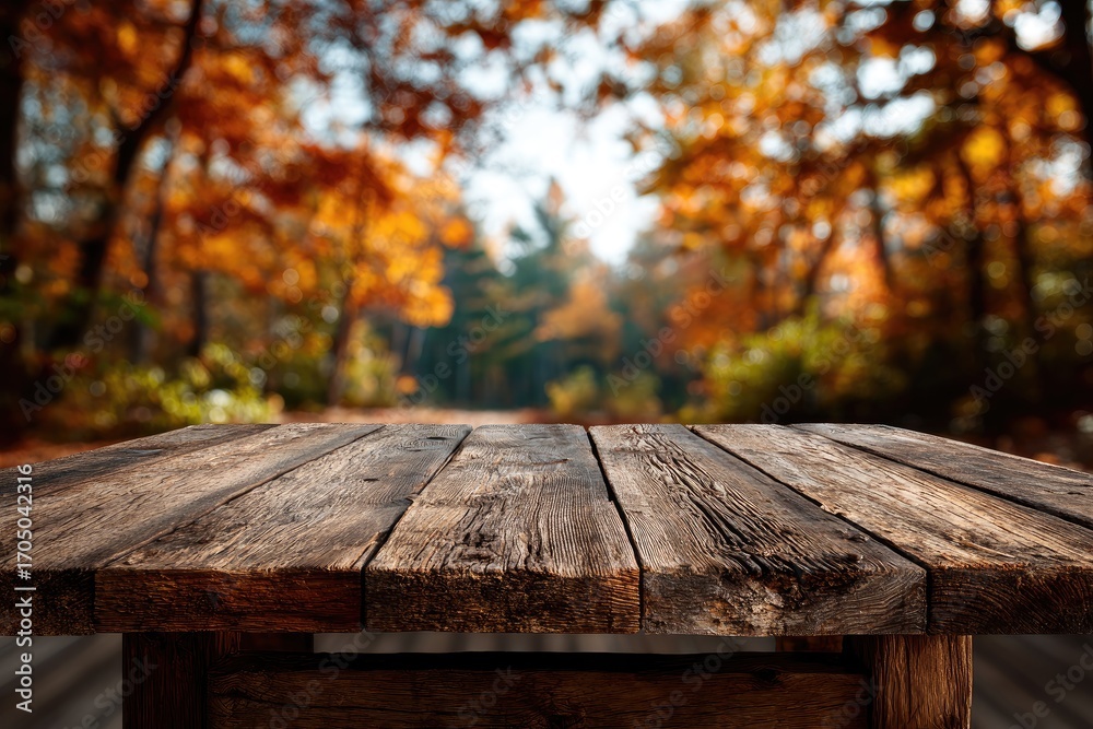 Fototapeta premium Rustic wooden table in autumn forest (3)