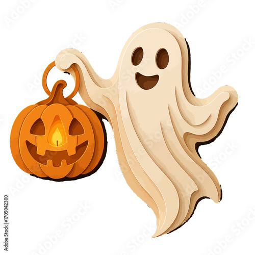 Whimsical ghost with pumpkin lantern in paper cut art style for halloween decor