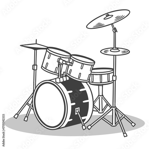Simple outline drawing of a drum kit with cymbals and stands on a white background