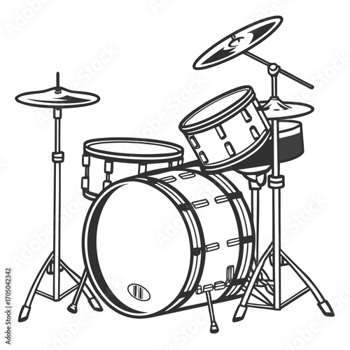 A clean black and white line art illustration of a complete drum kit with cymbals and stands