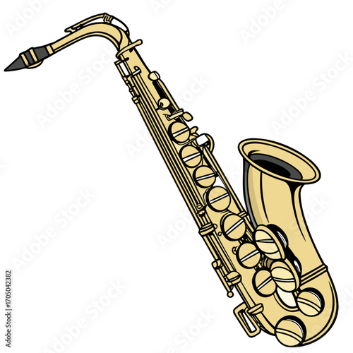 A classic golden alto saxophone with black accents and keys isolated on a white background