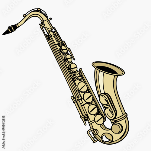 A classic brass saxophone with a curved neck and bell isolated on a white background