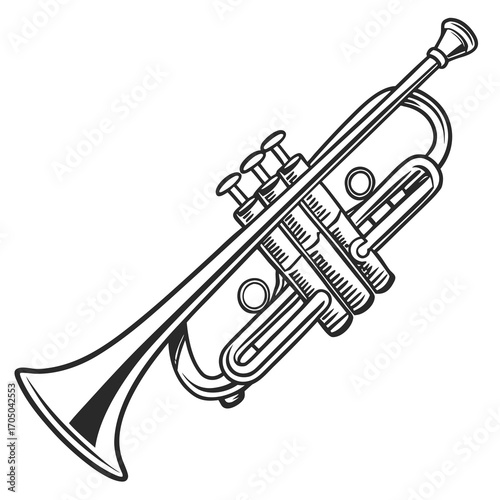 Classic trumpet illustration with three valves and a bell in black and white line art style